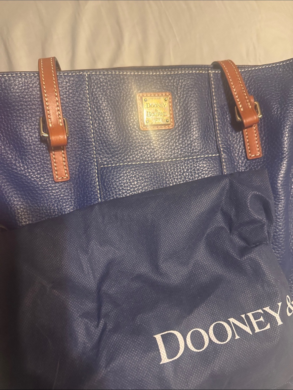 Dooney & Bourke Royal Blue Pebbled Leather Lexington shopper tote inc Brown Trim - Picture 2 of 8